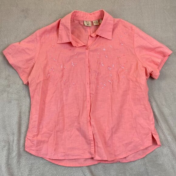 Quizz Again Women's Blouse L Linen/Cotton Blend Pink Short Sleeve Embroidered Bu - Picture 8 of 9